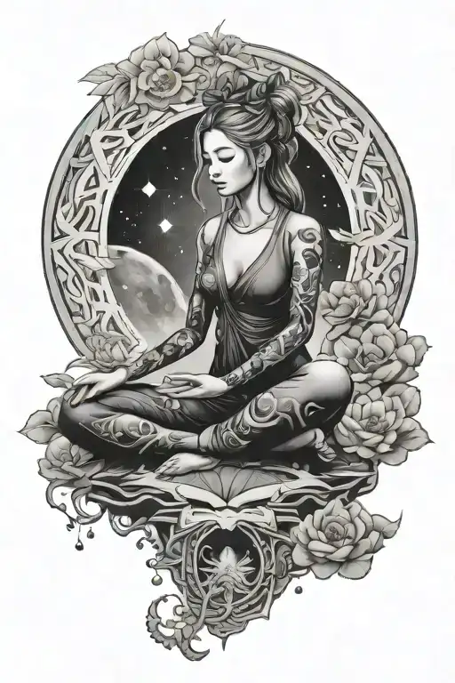 Celestial Scene Of A Cosmic Female Meditating In A Tranquil Space Setting