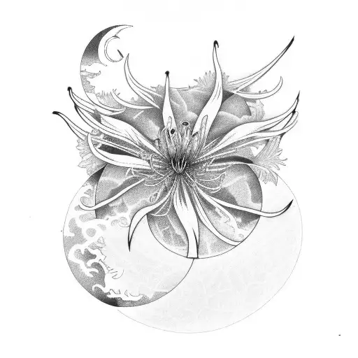 A Spider Lily Blooming Under A Crescent Moon In A Mystical Forest