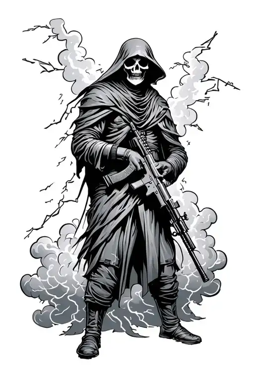 Grim Reaper Holding M4 Rifle With A Thundercloud And Lightning