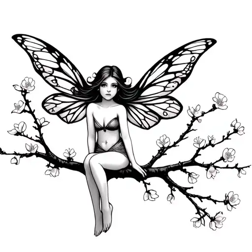 Fairy Sitting On Cherry Blossom Tree Branch