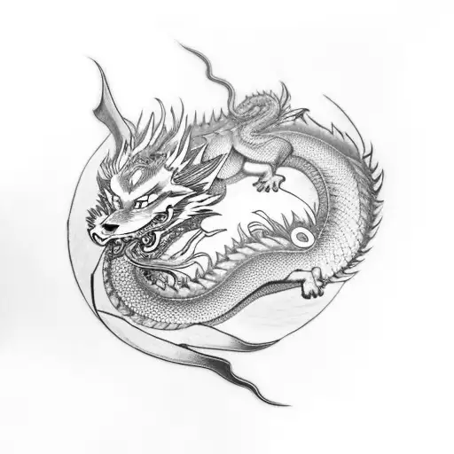 Asian Dragon And Nine Tailed Fox Dancing Around Each Other With A Red String Wrapped Around Them