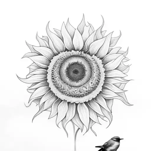 Stemmed Sunflower With A Bluebird