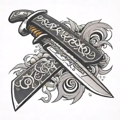 A Katana Blade Slicing Through A Mixtape With Japanese Kanji Symbols For Music Genres