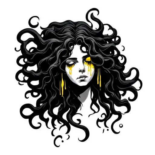 A Simple Black And White Medusa Head Wither Her Hair Of Snacked And Have Her Crying Golden Tears