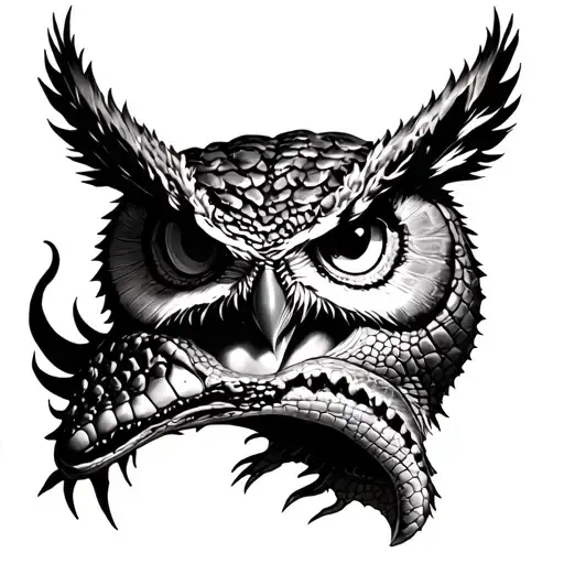 Spine Tattoo Starting With An Owl Face Merging Into A Crocodile Back With Ridges