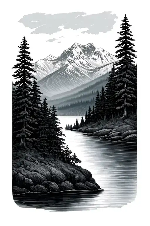 Fir Trees And River And Mountain
