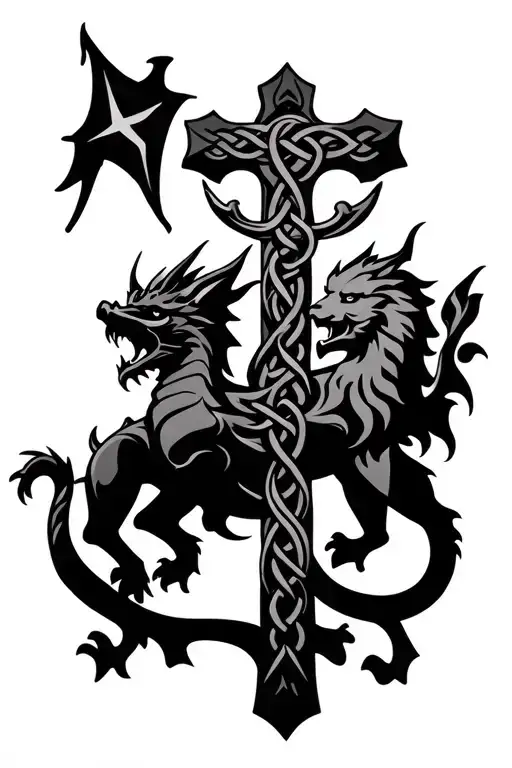 Welsh Dragon And English Lion On Celtic Cross