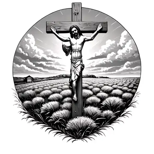Cloudy Day Cross In The Middle Of A Field With Jesus Praying In The Top Corner