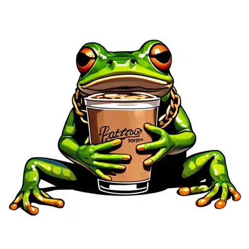 Green Frog Holding A Iced Coffee With A Gold Chain On The Neck