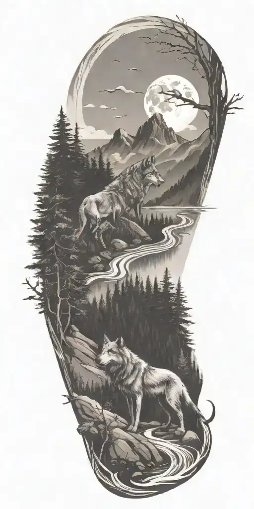 A River Winding Through A Forest Leading To Mountains With Wolf