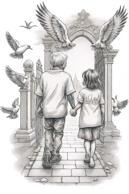 Toddler Granddaughter And Grandpa Walking Towards Heaven Gates With Doves In Background