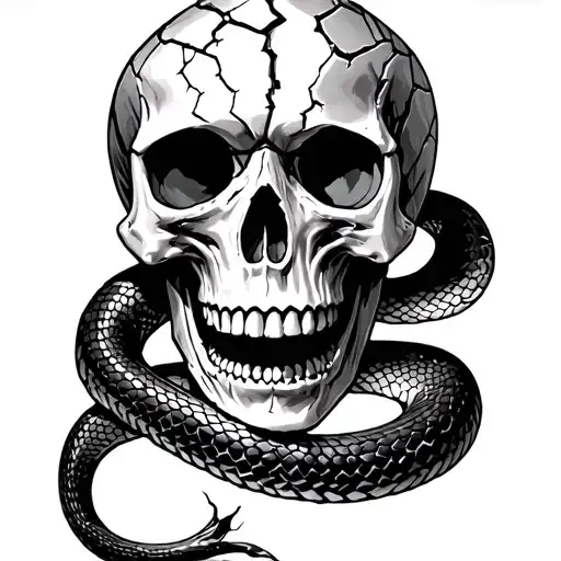 Cracked Skull With Snake Tattoo Design