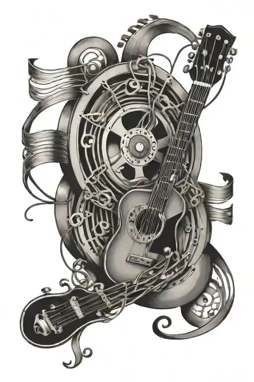 A Film Reel Intertwined With Musical Notes And Guitar Strings