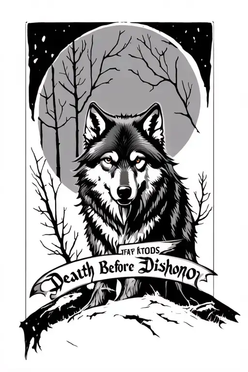 Wolf With Death Before Dishonor Words Over Woods