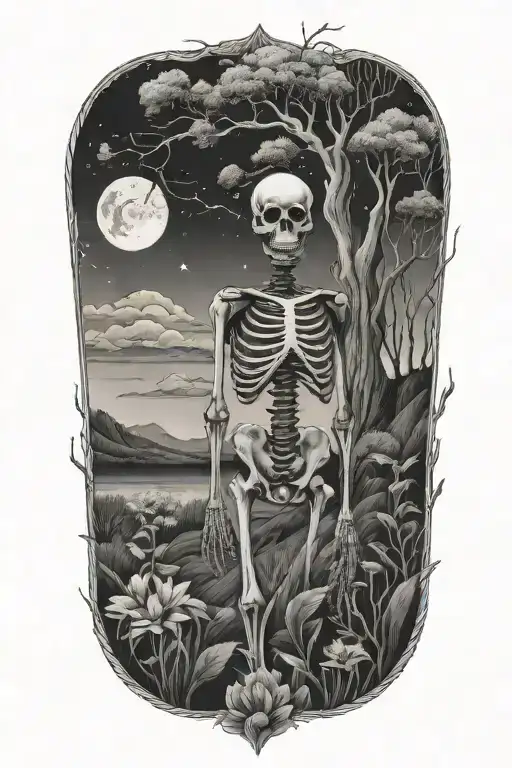 A Serene Nature Scene With A Hidden Cosmic Female Skeleton As Part Of The Landscape