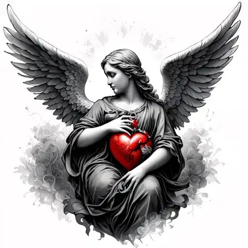 Angel From The Side With Large Wings Spread Holding A Human Heart