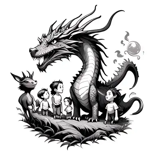 A Dragon Protecting A Group Of Animals And Children In A Magical Forest