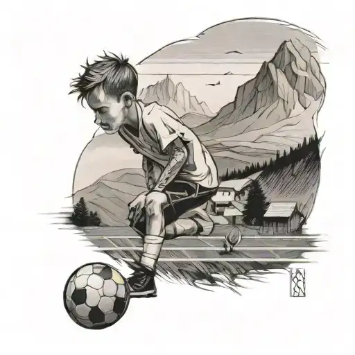 Boy On A Soccerpitch Infront Of A Small Mountain