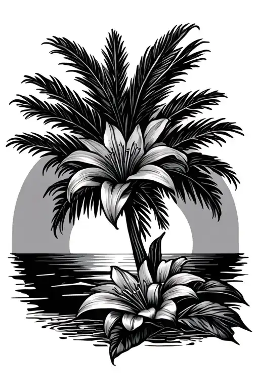 Sunset Lilly Flowers Palm Trees