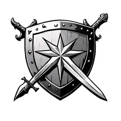 A Shield With A Sword And A Morning Star Behind The Shield Placed As A Cross In Medieval Style