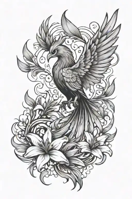 Phoenix With Some Feathers Changing Into Lily Flowers