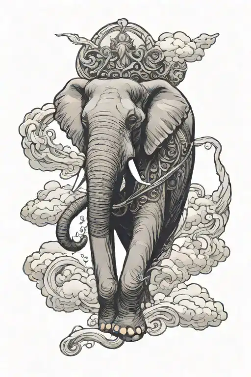 Elephant Walking In Clouds Surrounding With Angel
