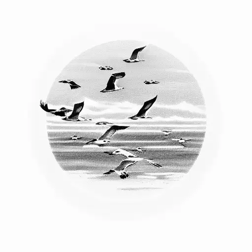 A Black-grey Tattoo Of A Peaceful Ocean Sunset With Seagulls Flying In The Sky