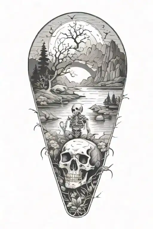A Serene Nature Scene With A Hidden Cosmic Female Skeleton As Part Of The Landscape