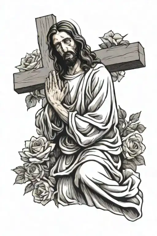 Jesus Praying With A Cross Behind And Roses