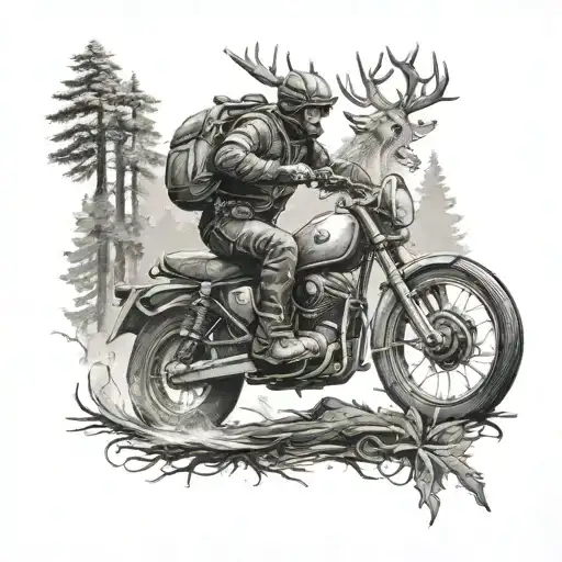 A Detailed Scene Of A Hunter On A Motorcycle Chasing After A Deer Through The Forest