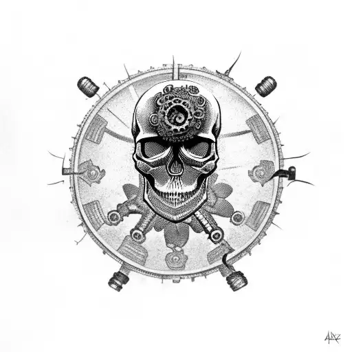 Skull With Cogs And Flowers