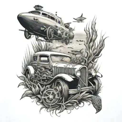 An Intricate Underwater Scene With A Vintage Car And Marine Life