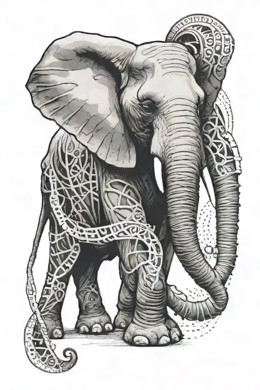 A Black-grey Tattoo Of An Elephant With A Dna Double Helix Forming Its Trunk