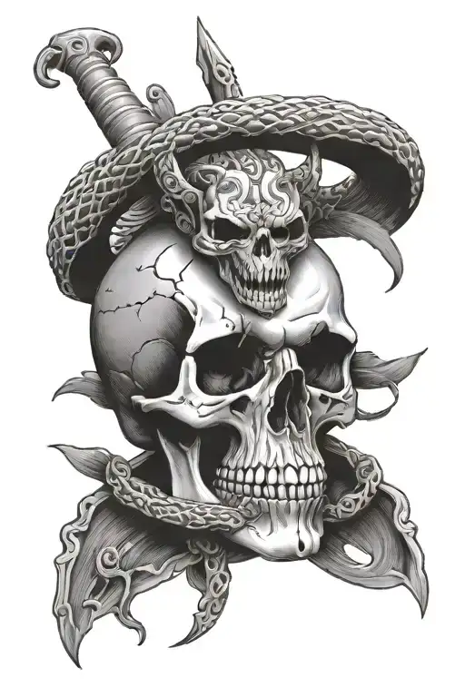 Skull With Snake Wrapping Around A Dagger