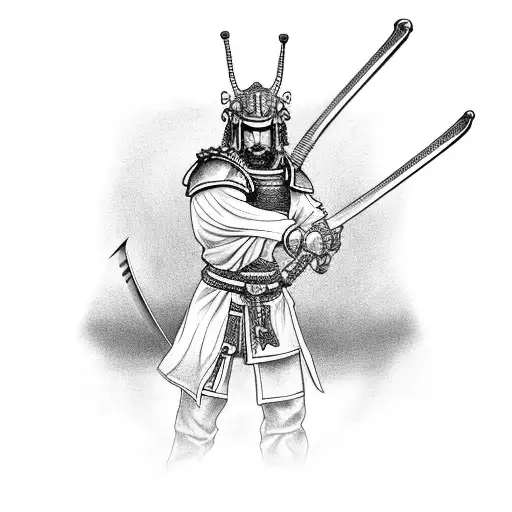Arm Samurai On His Knees With A Sword Ahead