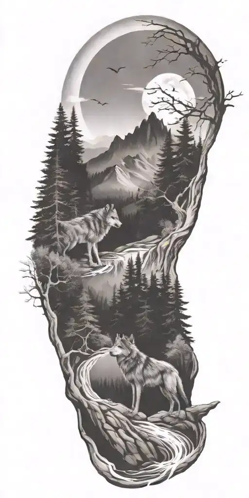 A River Winding Through A Forest Leading To Mountains With Wolf