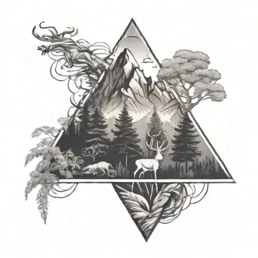 Mountain And Jungle Forest With Trees In Triangle Shape With Deer