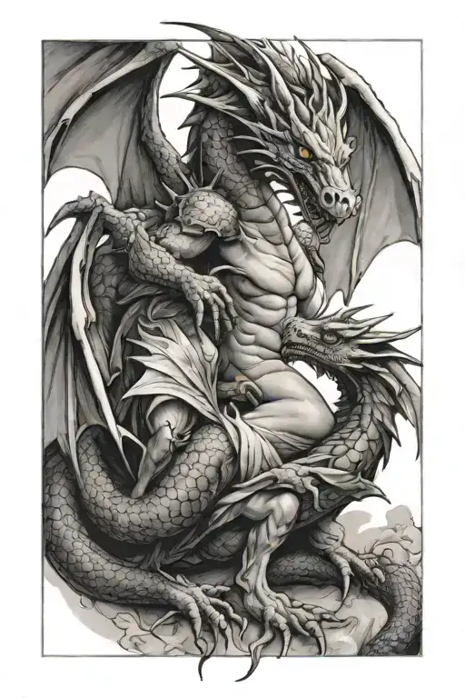 Dragon Protecting A Naughty Angel Hugging It's Front Leg