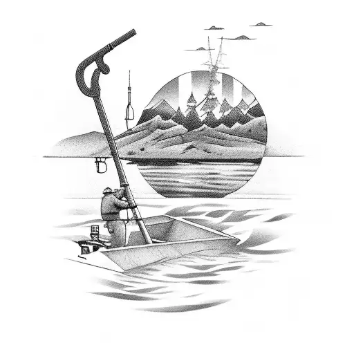 A Detailed Tattoo Of A Heavy Equipment Operator Fishing In A Serene Lake
