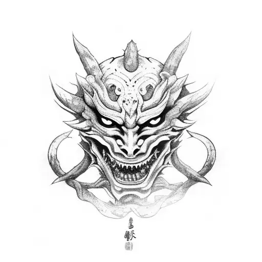 A Japanese Demon Mask Surrounded By Forest Elements