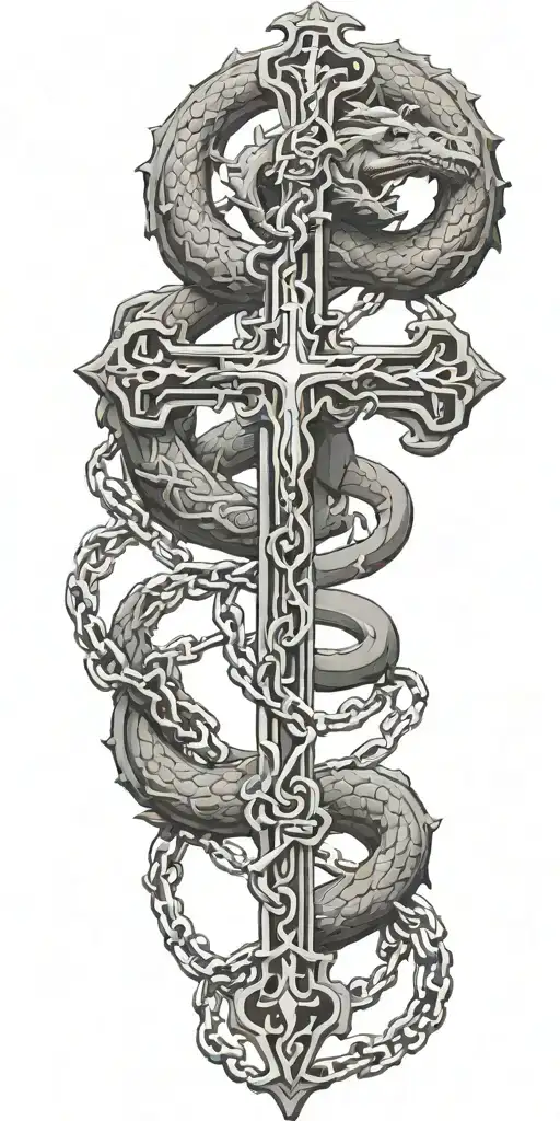 Biblescripture Verses Flowing Around A Cross With Chains On A Dragon
