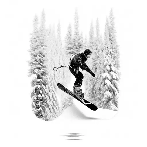 A Black And Grey Tattoo Of A Snowboarder Carving Through A Forest Of Creeping Bentgrass