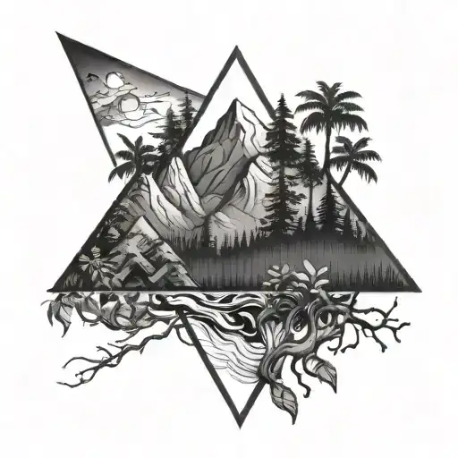 Mountain And Jungle Forest With Trees In Triangle Shape