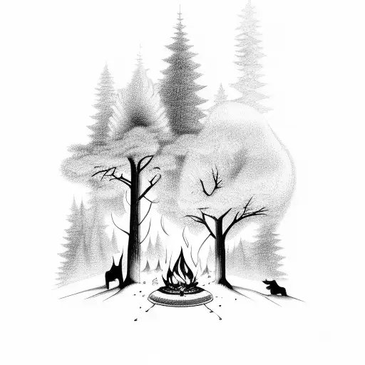 Forest With Campfire And Moutins And Wolfs