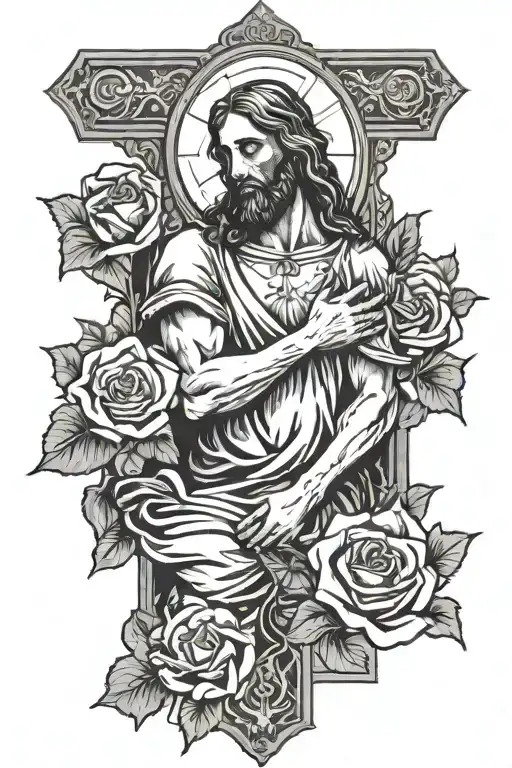 Jesus Praying With A Cross Behind And Roses