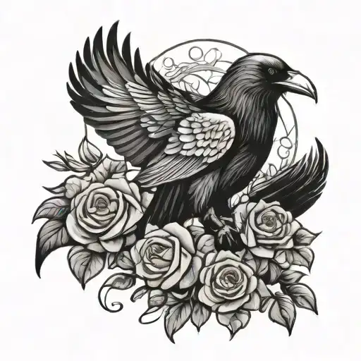 Raven Flying Carrying Wisteria And Roses