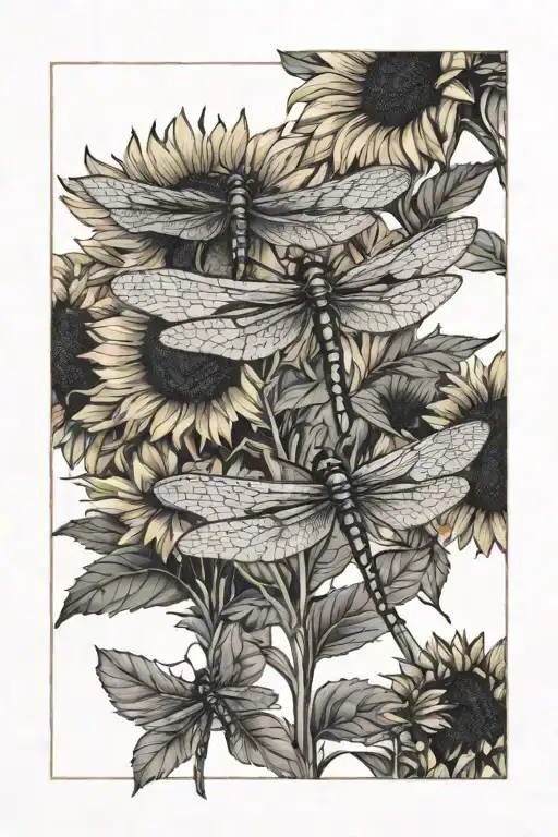 3 Dragonfly Landing On A Sunflower