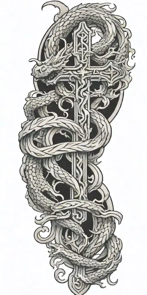 Biblescripture Verses Flowing Around A Cross With A Dragon