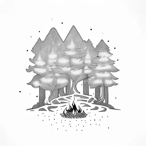 Forest With Campfire And Moutins