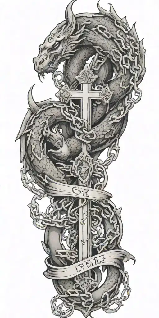 Biblescripture Verses Flowing Around A Cross With Chains On A Dragon